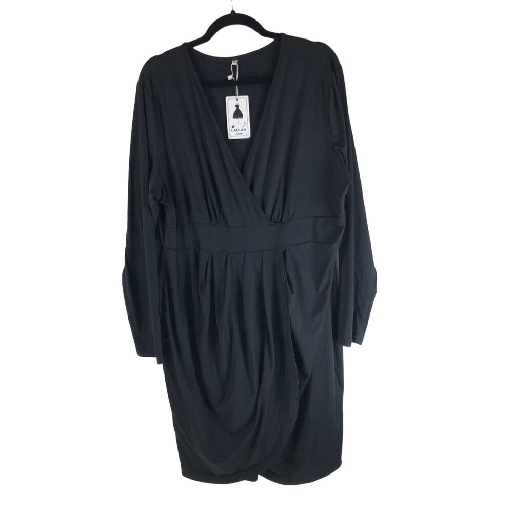 Laolasi Black Long-Sleeve Faux Wrap Dress Pleated V Neck 4XL